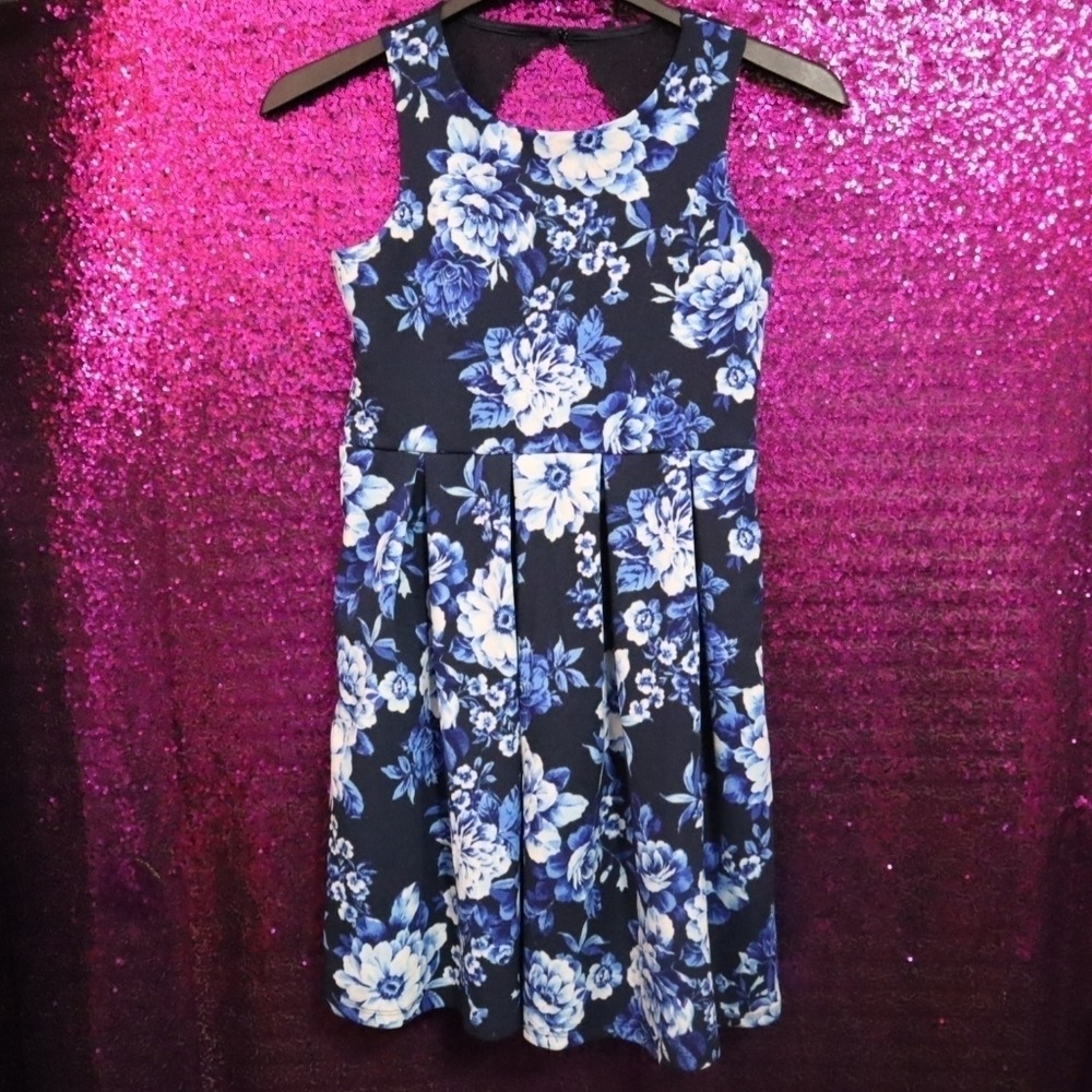 Speechless Kids Blue Floral Sleeveless Lace Back Party Dress 14 S4101D02DD46